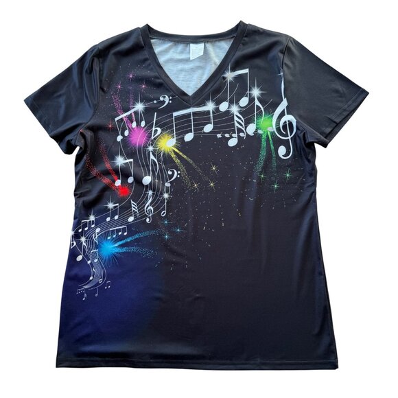 Music Note Graphic Top Size XL Black Short Sleeve Performance Tee V Neck - Picture 2 of 9